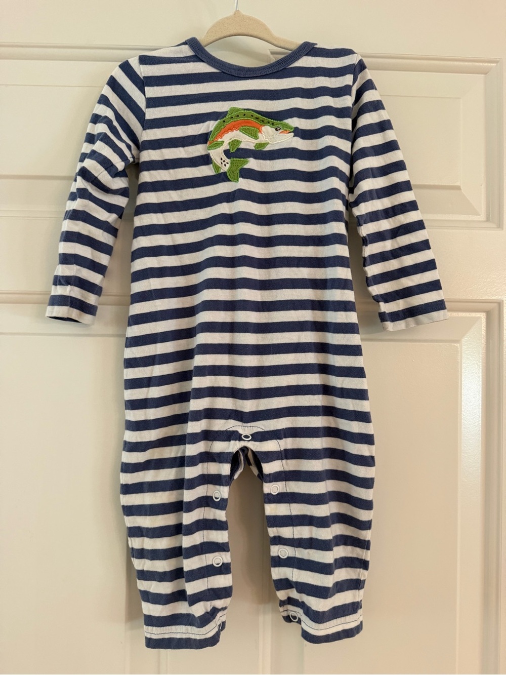 Little English Striped Dusty Blue & White Baby One-Piece with Fish Applique